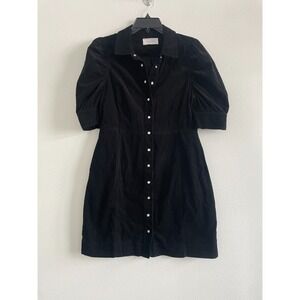 Dear John Button Shirt Dress Women M Black Corduroy Mini Puff Sleeve Collared